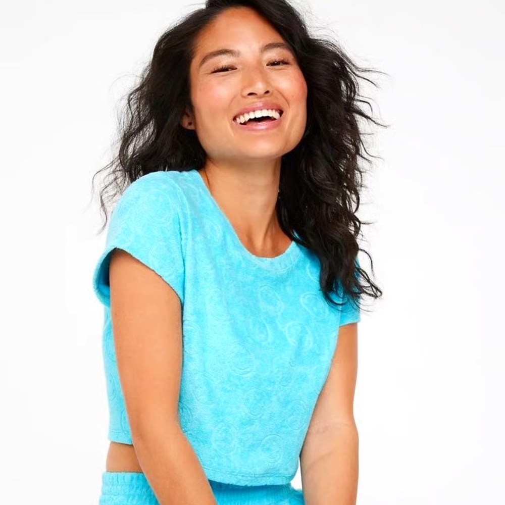 Offline by Aerie Terry Smiley Faces Tee Pool Blue Green Top - XS X-Small